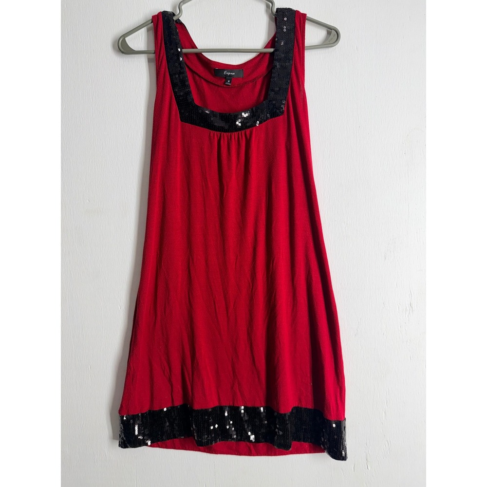 Express Red Sequin Trim Sleeveless Tunic Top Square Neck Holiday Party Medium